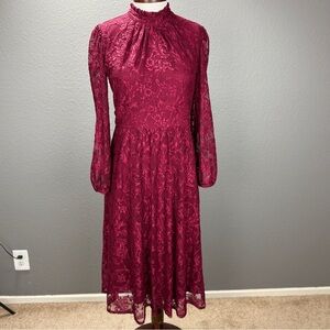 Julia Jordan Red Lace Mock Neck Long Sleeve Midi Dress Sz 6 Romantic Valentine's